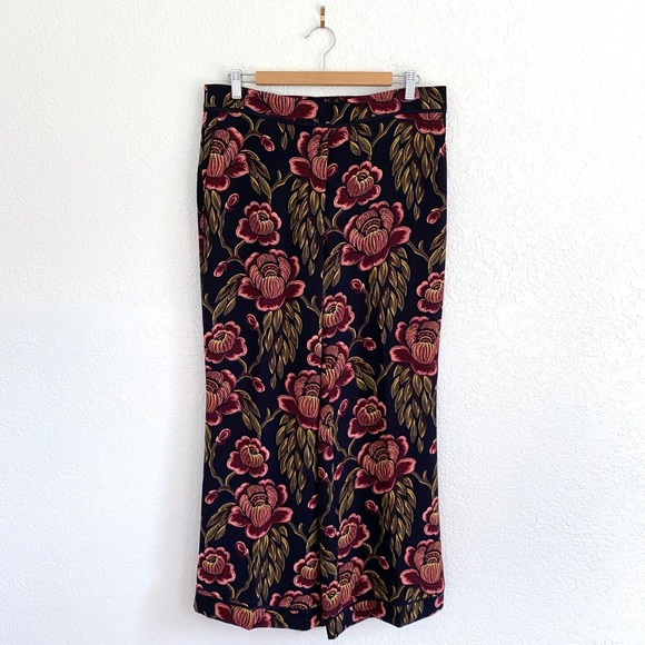 Ann Taylor Floral Wide Leg Pants Black Pink Green Botanical Trouser Petite 12 - Picture 2 of 10